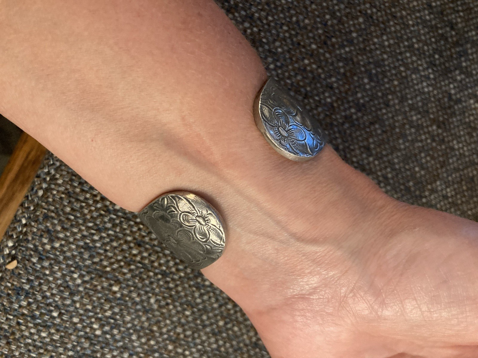 Vintage Salisbury Pewter Cuff Bracelet Engraved Flowers birth month “July”