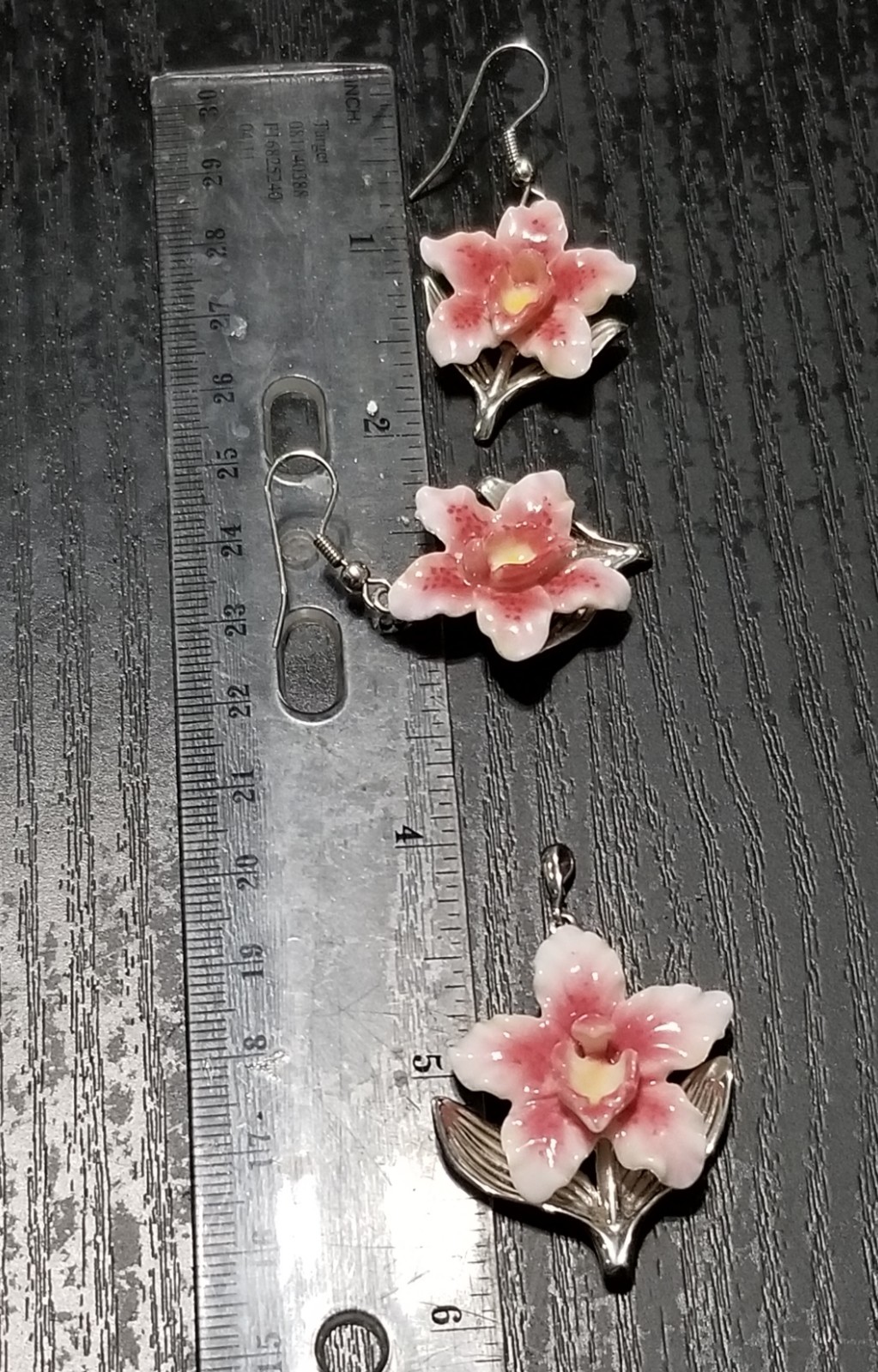Franz Porcelain Orchid Necklace & Earrings Set – Discontinued, Signed Near Mint