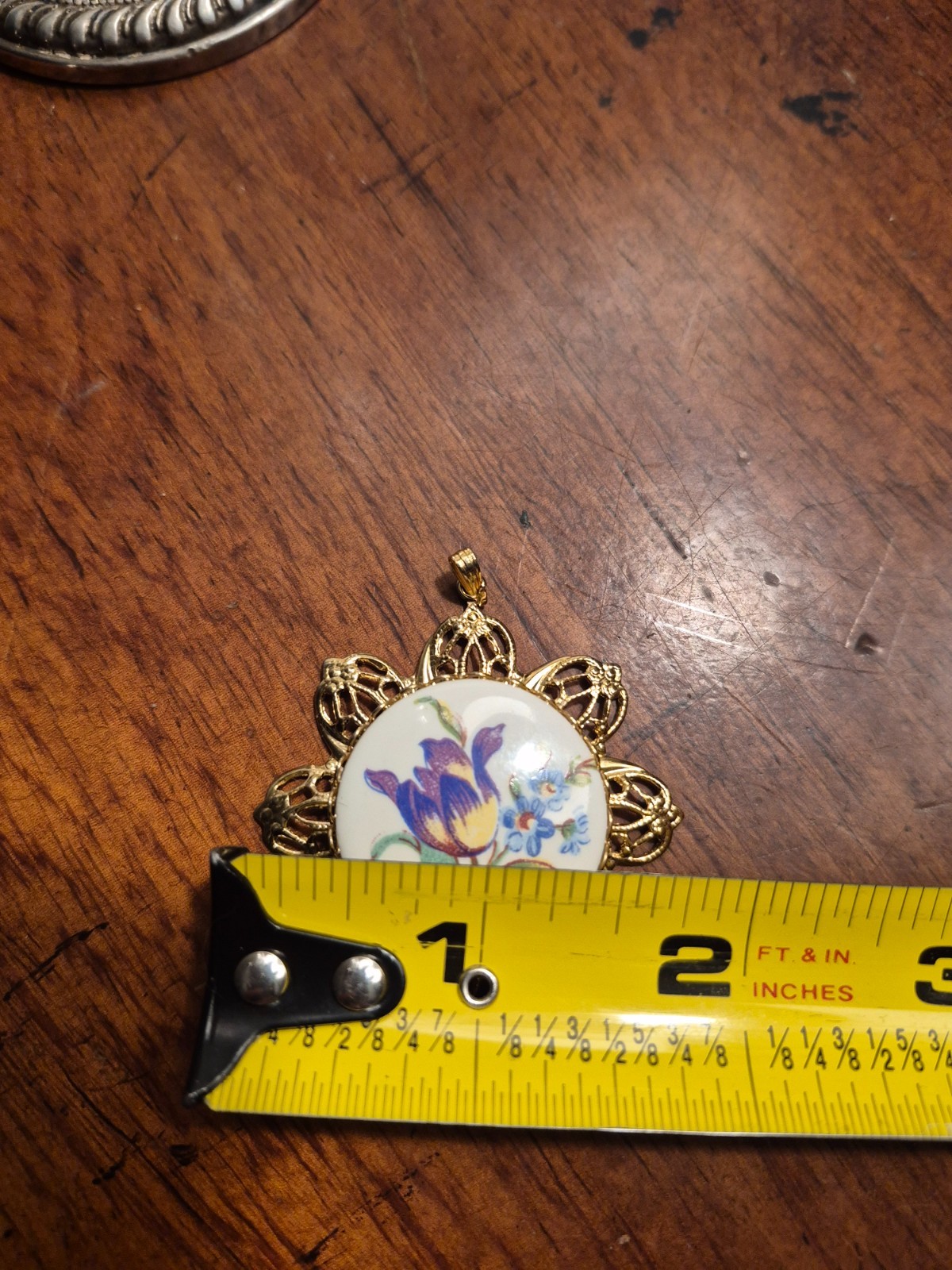 Vintage floral pendant, purple and blue flowers