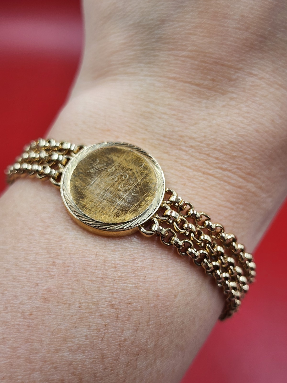 Vintage Speidel 1970s Engrave ID- style Plate Triple Band Gold Metal Bracelet