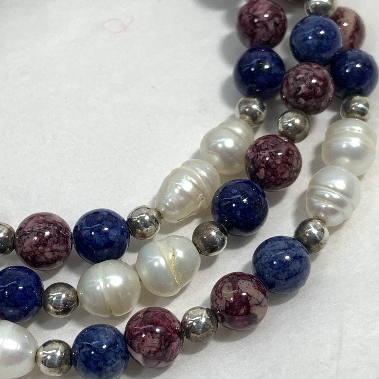 Vintage 925 Sterling Silver Freshwater Pearl Stone Bead Necklace Purple Blue 20″