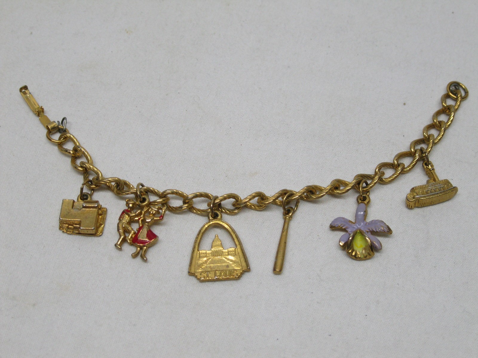 Vintage St Louis Missouri Charm Bracelet Gold Tone Jewelry Old Antique Souvenir