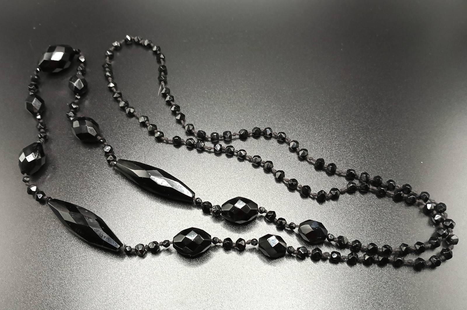 French Jet Multi-Size Bead 44” Necklace, Hand Knotted, No Clasp