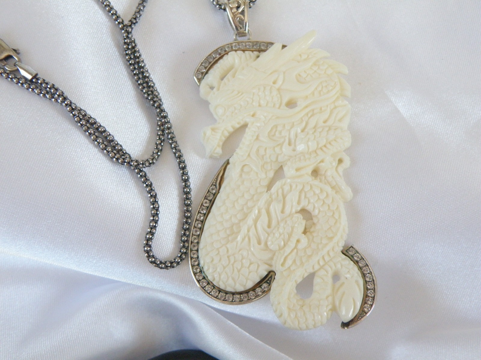 Huge Samuel B Carved CZ Dragon Statement Pendant Popcorn Mesh Necklace