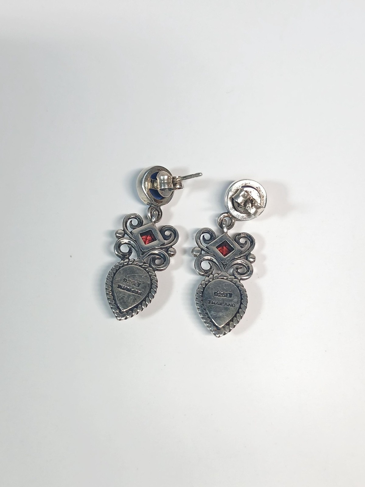 Vintage Sterling Silver 925 Thai Blue Iolite Lapis Lazuli Garnet Dangle Earrings
