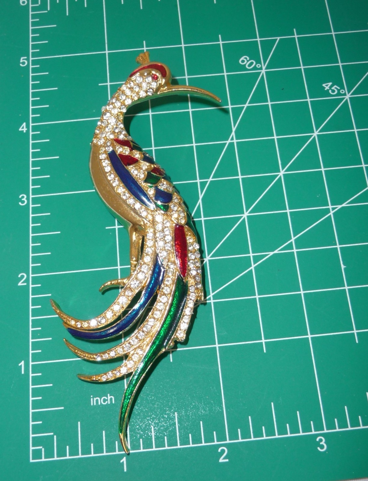 Rhinestone & Enamel Peacock Bird Brooch Red Green Purple Gold Multicolor