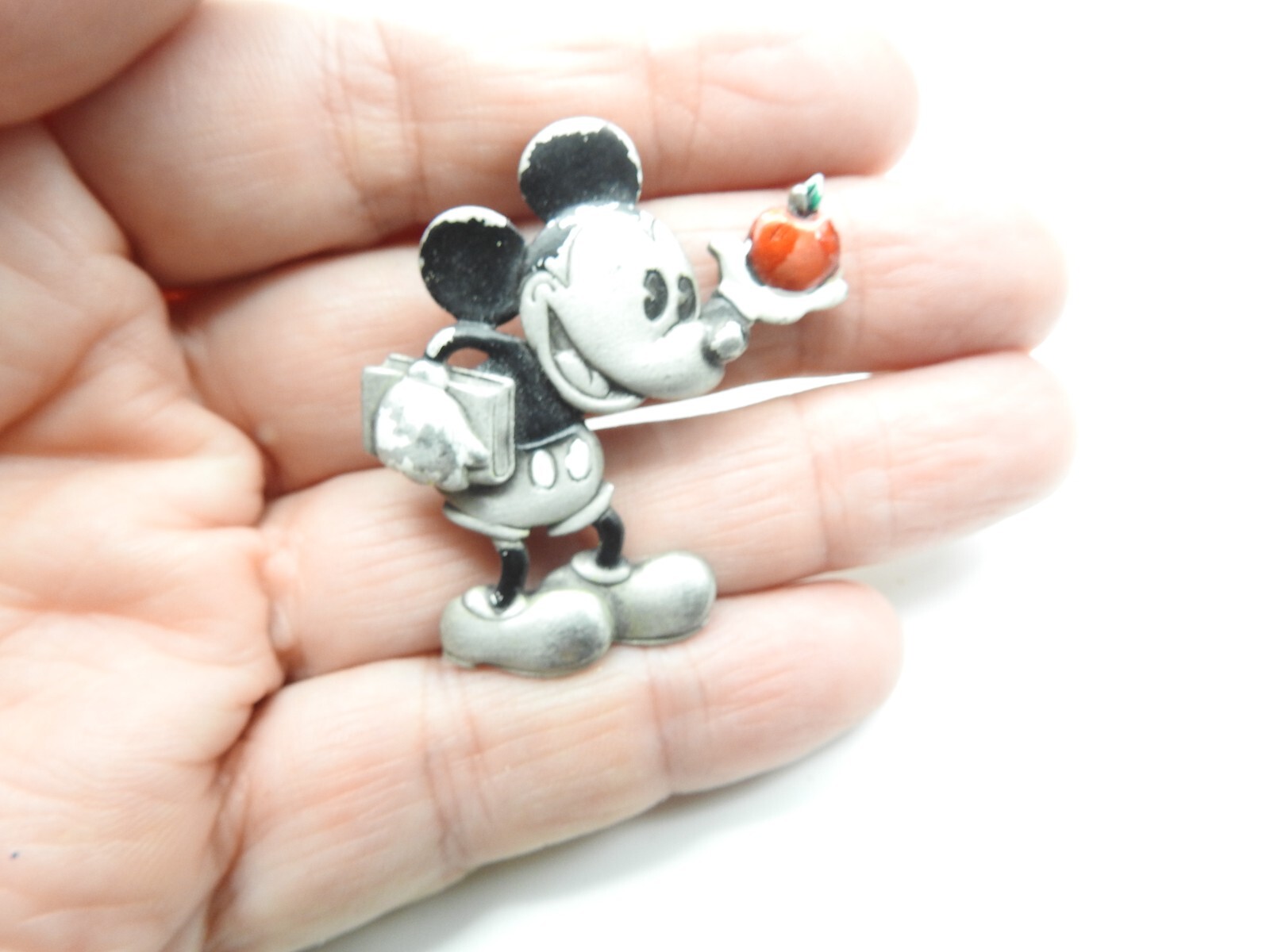 Black Red White Enamel Pewter Micky Mouse Disney Teacher’s Apple Brooch Vintage