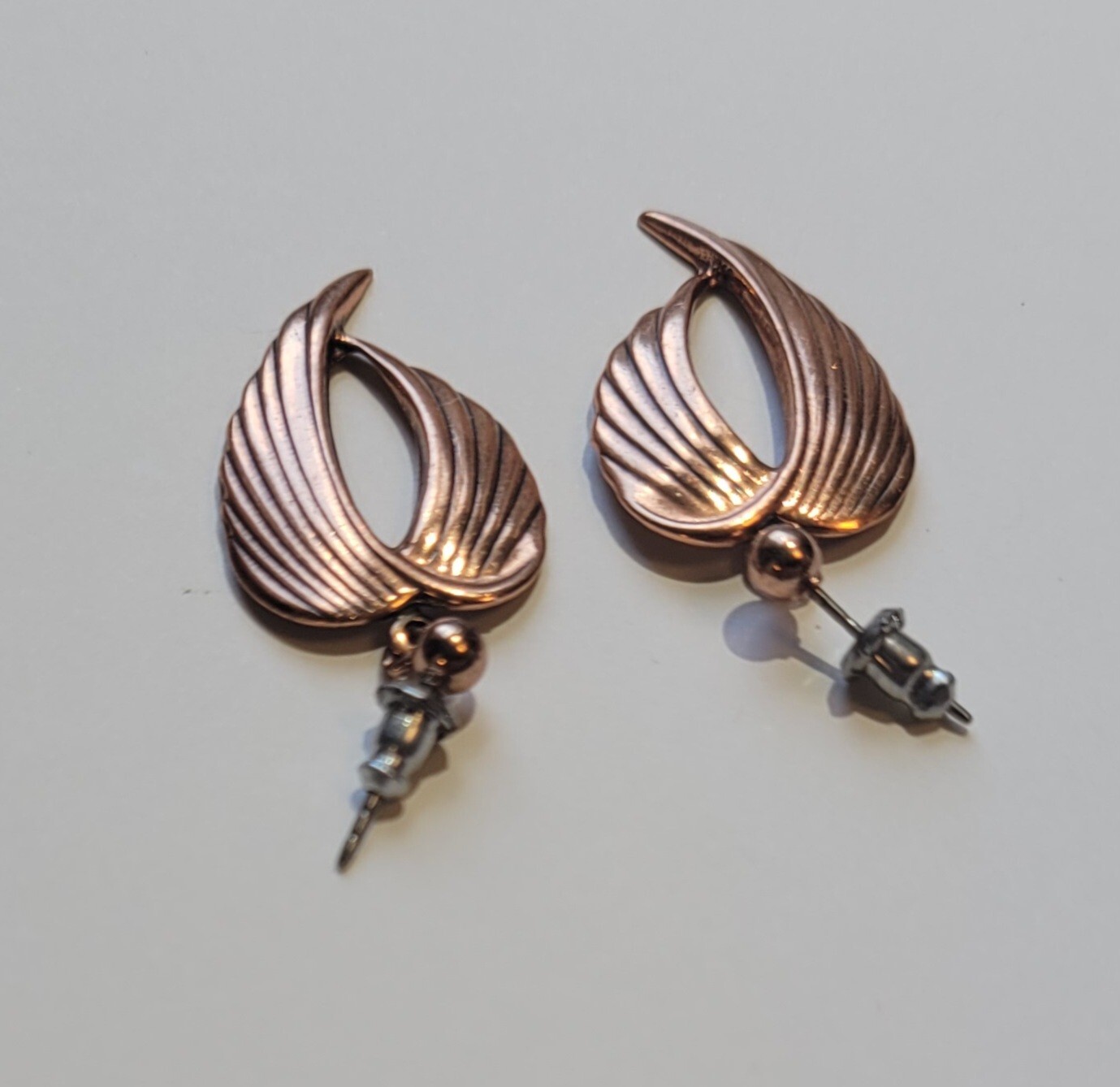 Copper Angel Wings Art Nouveau Style Post Dangle Drop Pierced Earrings Vintage