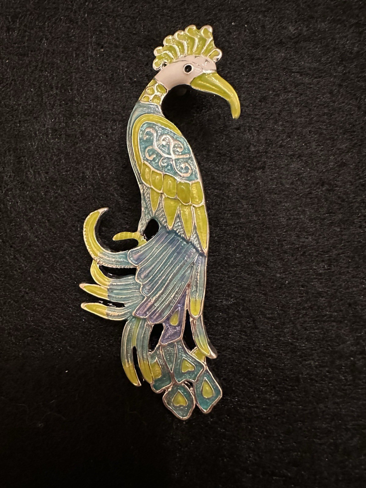 Vintage Enamel Blue and Lime Green Bird Of Paradise Brooch Pin Pendant Signed MJ