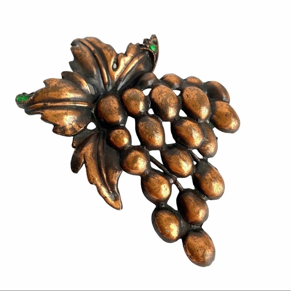 Vintage Grape Cluster Copper Brooch Green Stones