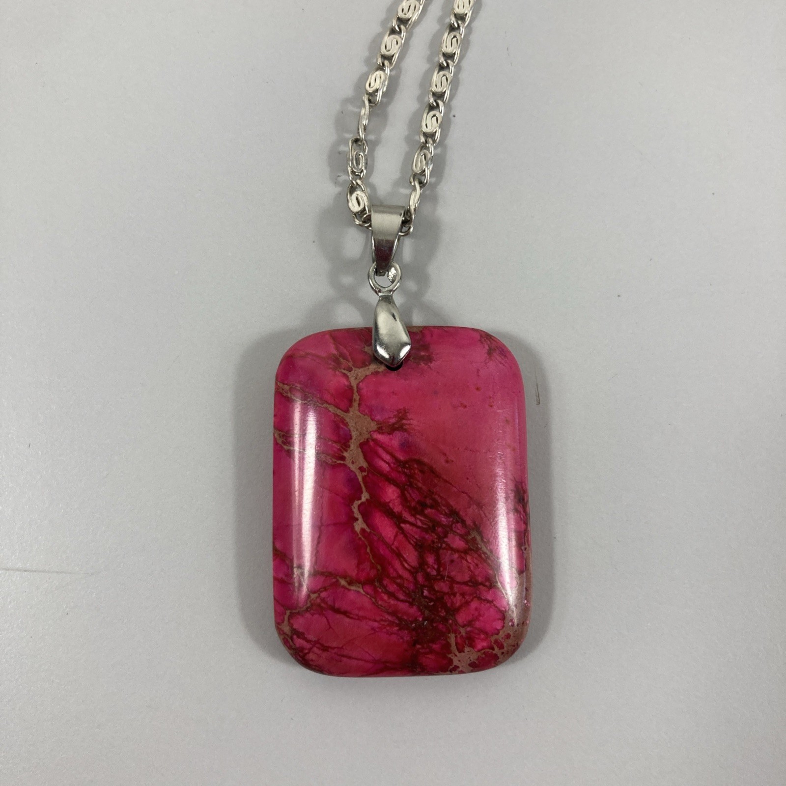 Polished Pink Stone Pendant 2.5″ Rounded Rectangle 19″ Silvertone Chain Necklace