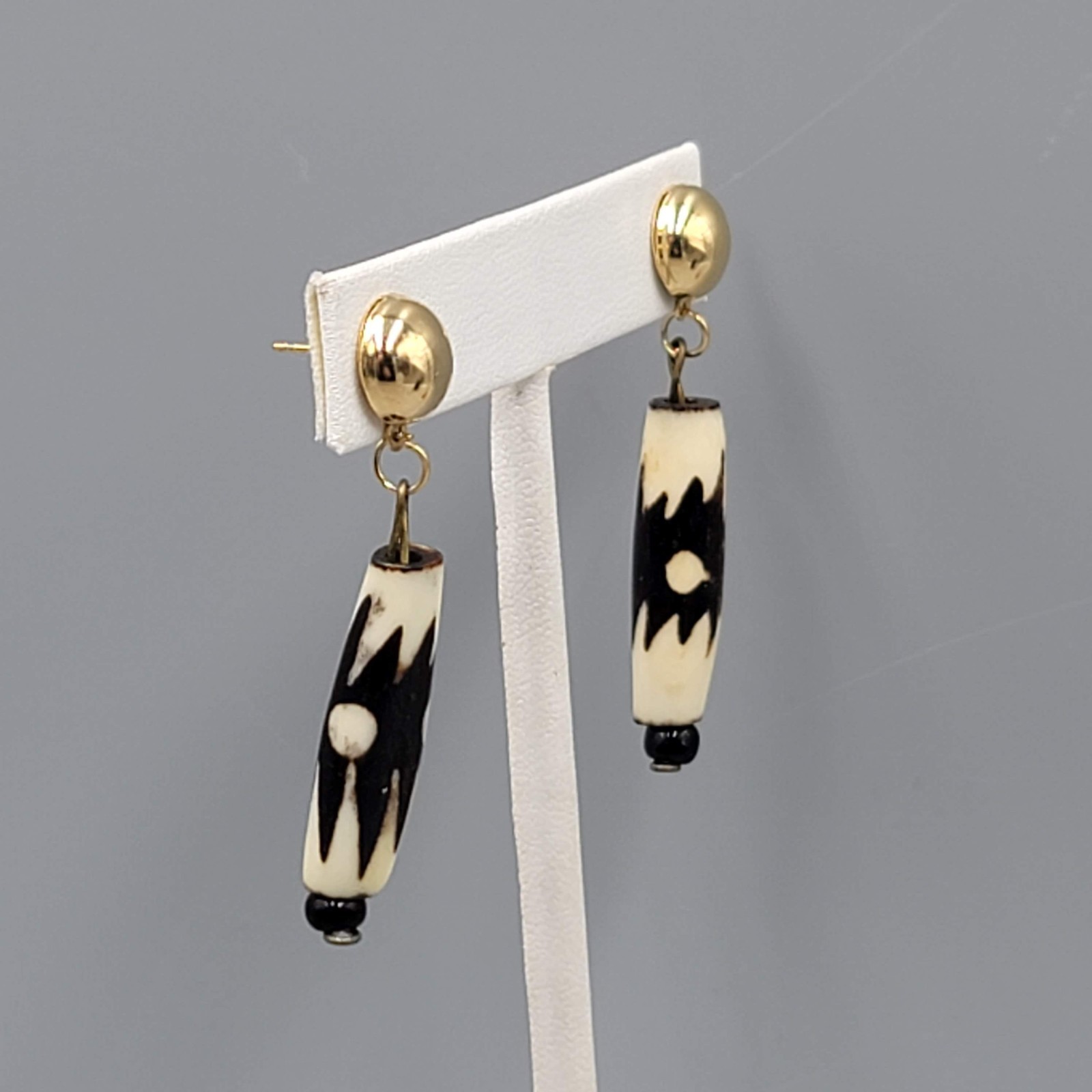 Vintage Pierced Earrings Gold tone Dangle African Cow Bone Bead 2 in