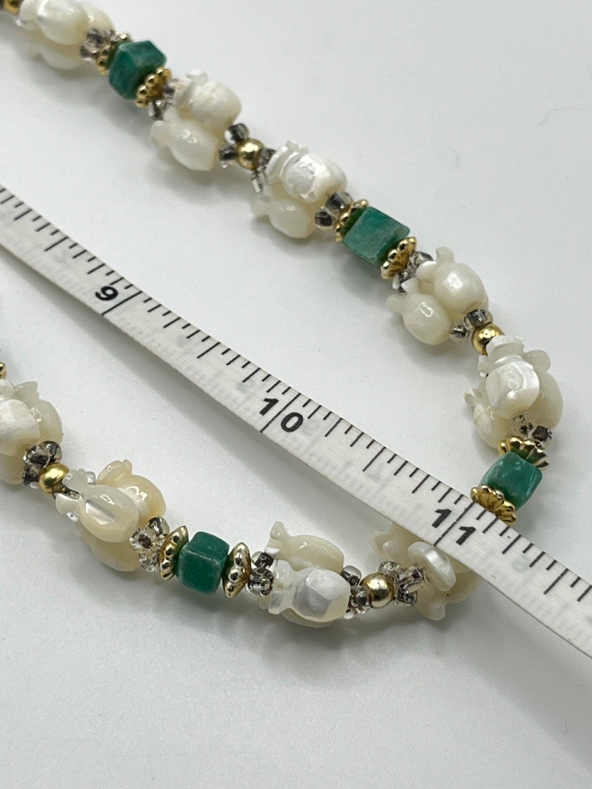 Vintage Ivory Glass and Green Stone Beaded Necklace with Gold Tone Accents 18in