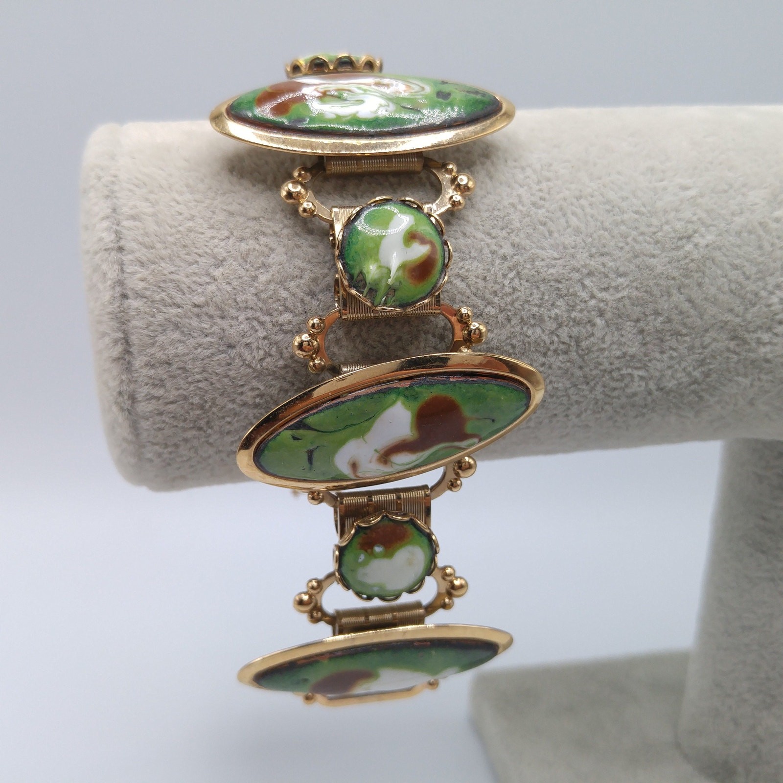 Mid-Century Enamel Book Chain Bracelet, Green Brown White Gold, 1950s Vintage
