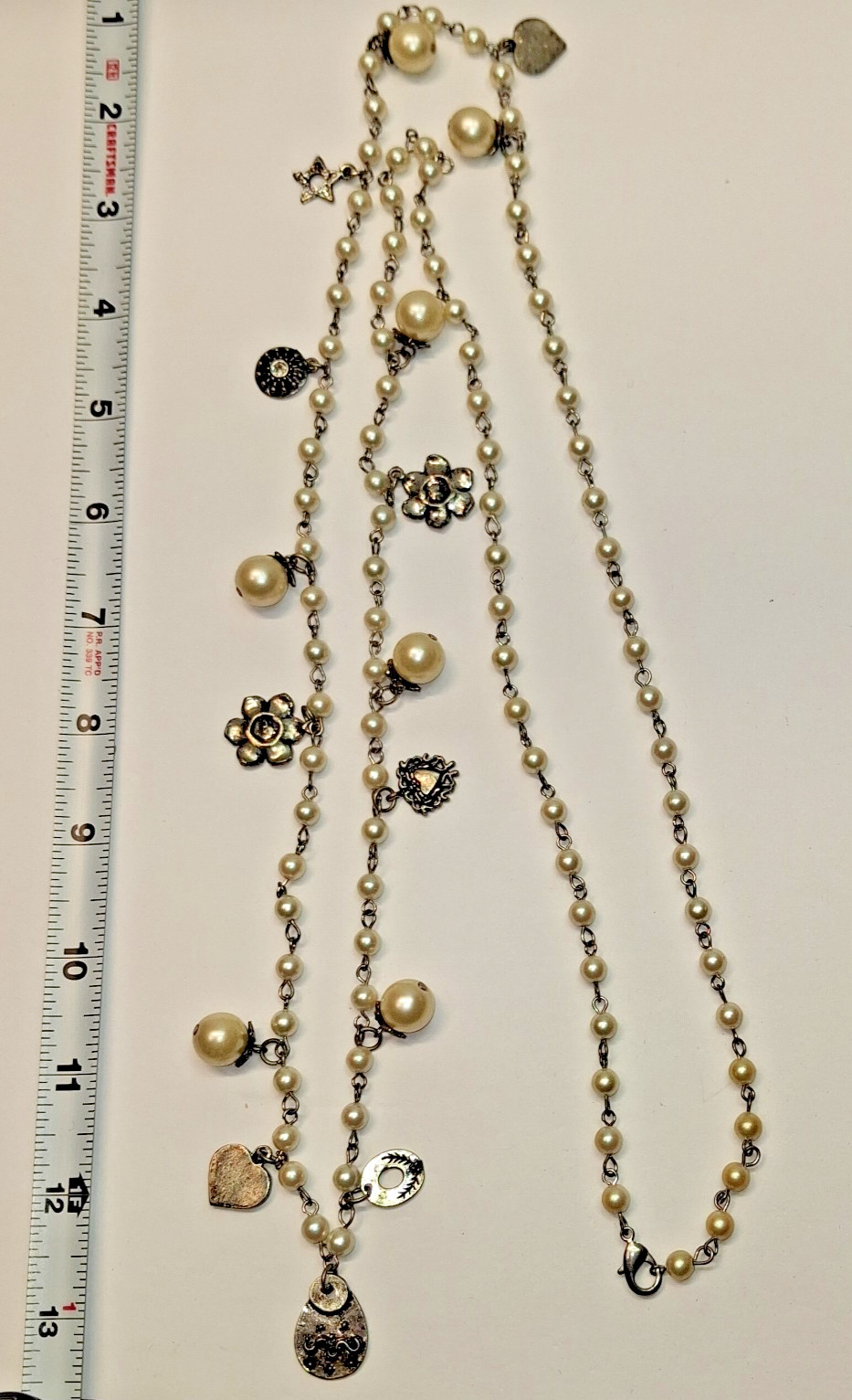 Long 26″ Vintage Silver Charm and Simulated Pearl Necklace Hearts,Flowers,Stars