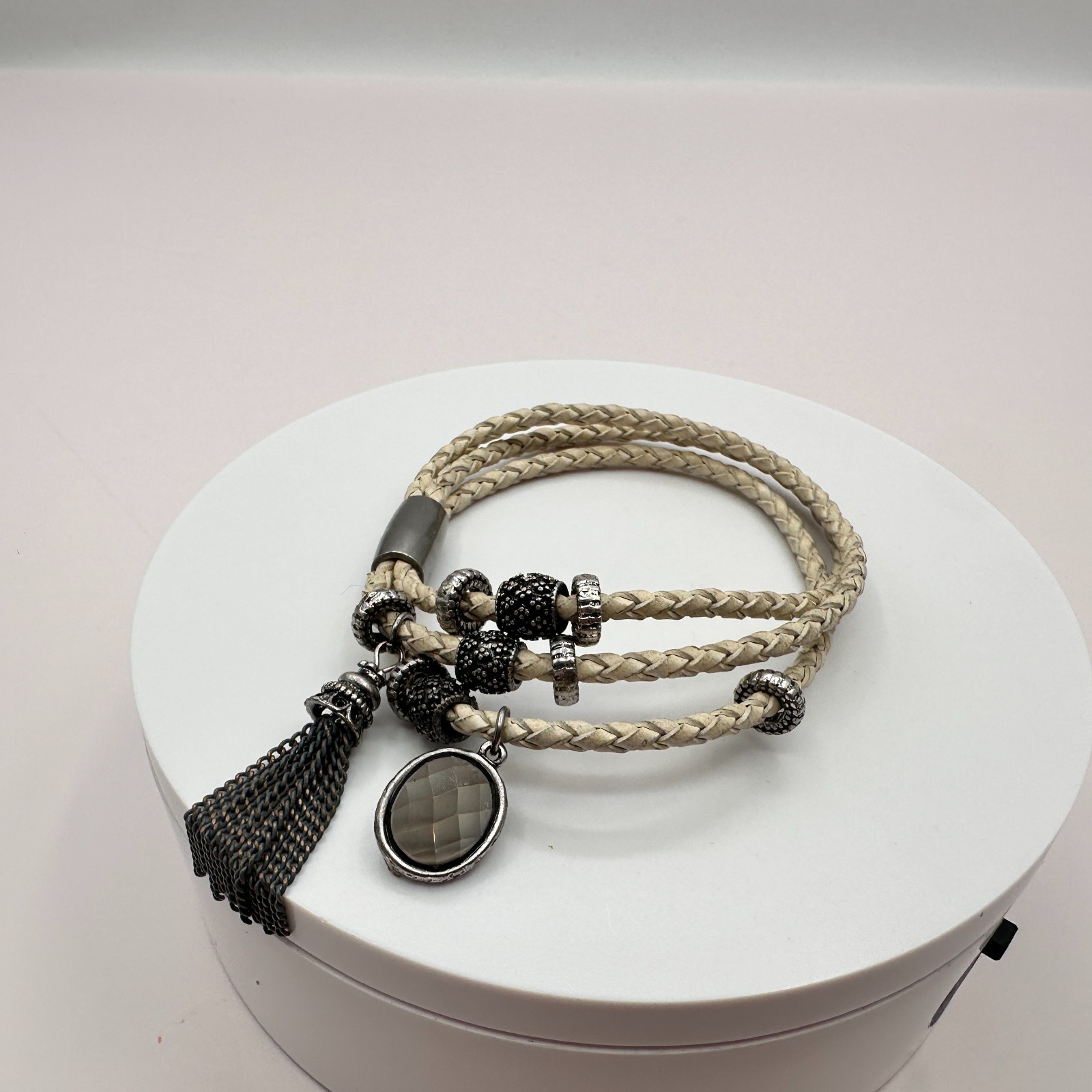 VTG Gunmetal Beige Leather Multi Strand Wrap Bracelet Tassel Charm Druzy Beads