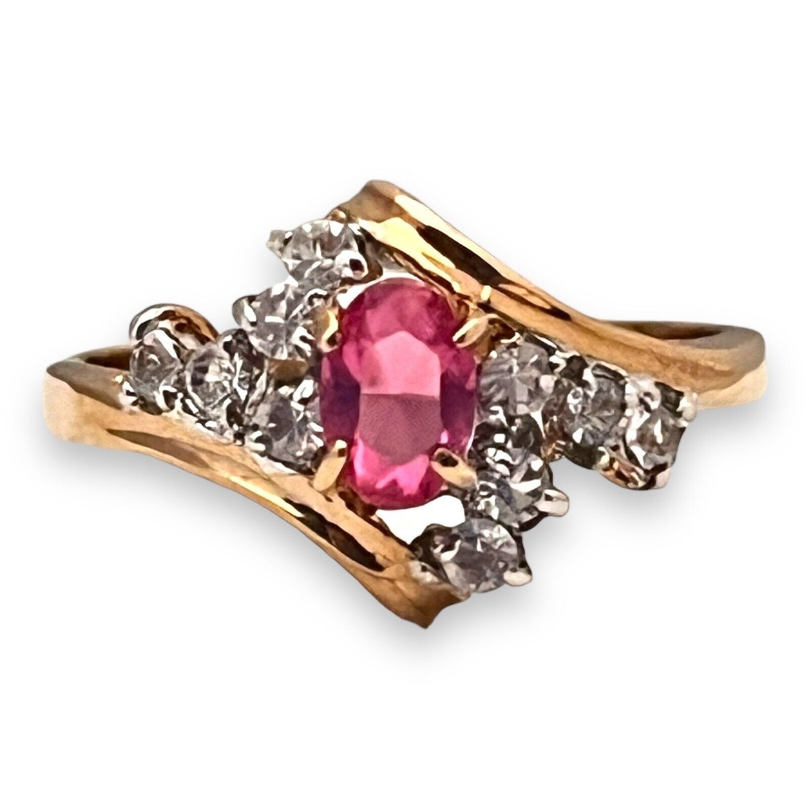 Vintage 1970s Ring Size 6 Pink Crystal CZ Cluster Prong Set Gold Plated – 14L