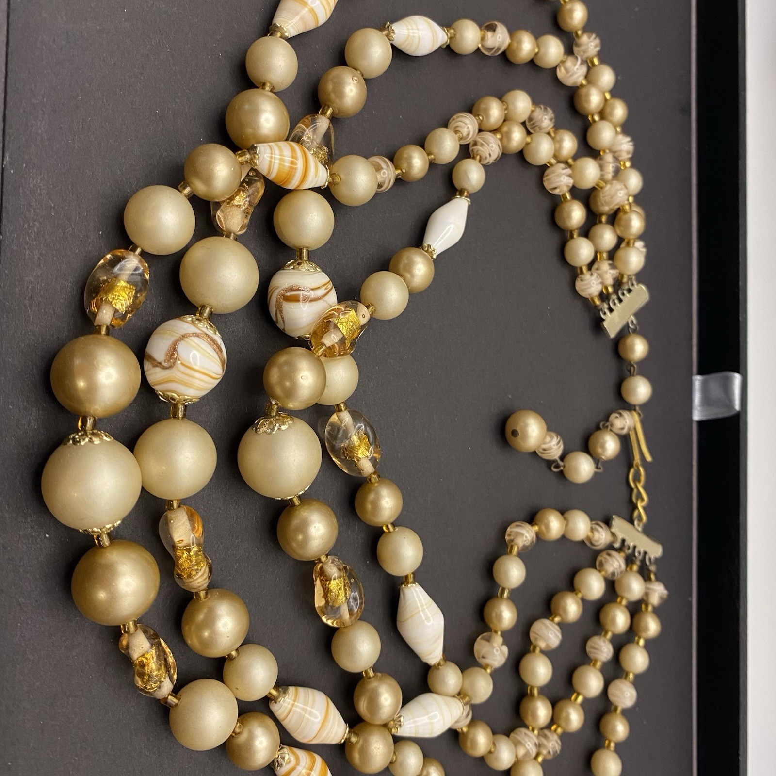 Stunning Vintage Multi-Strand Gold and Cream Beads with Art Glass