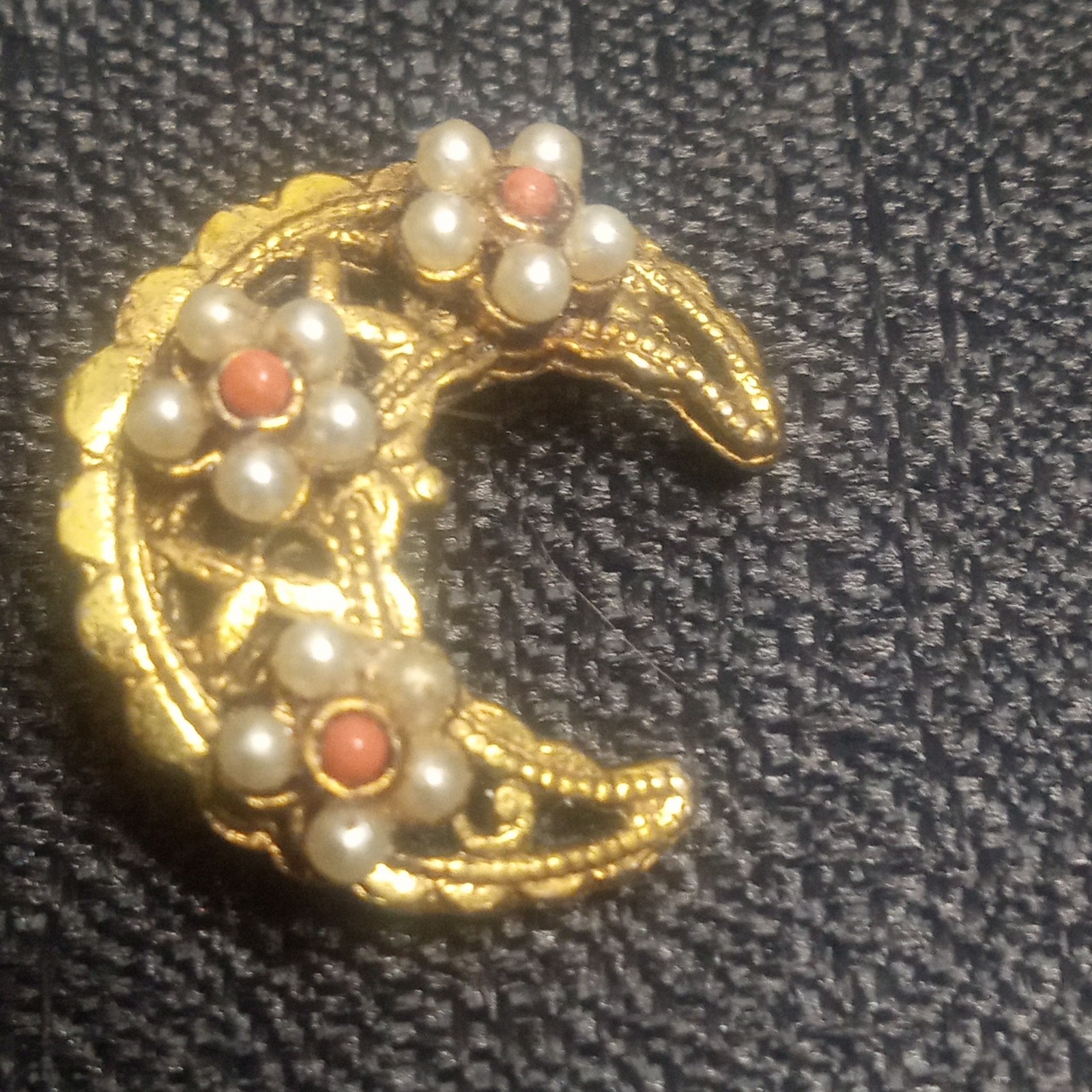 Celestial Crescent Moon Brooch Vintage Tacoa Flower Pearl Filigree Estate Pin