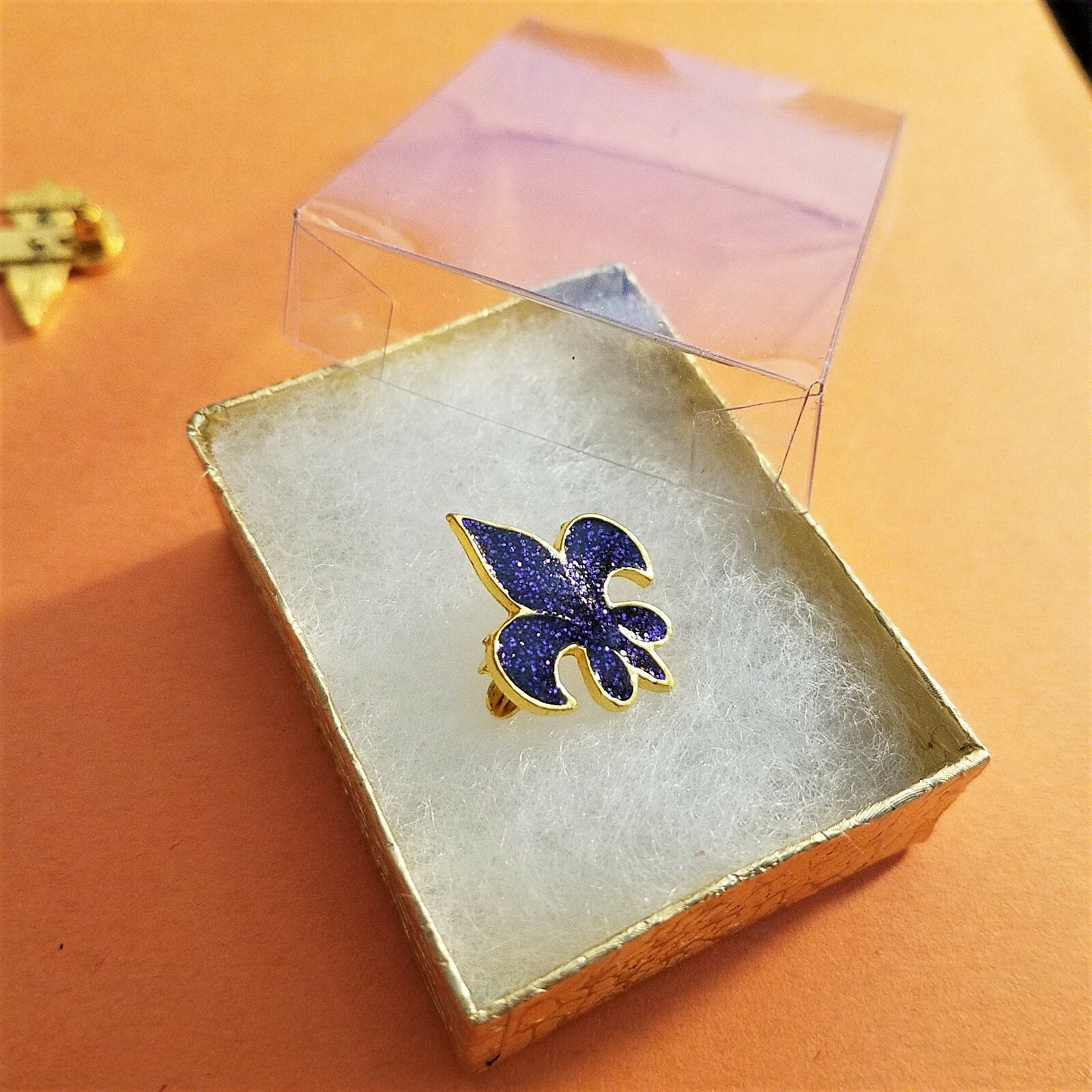 Fleur De Lis Gold Glitter Enamel LAPEL PIN,pick Purple Green or Gold in Gift Box