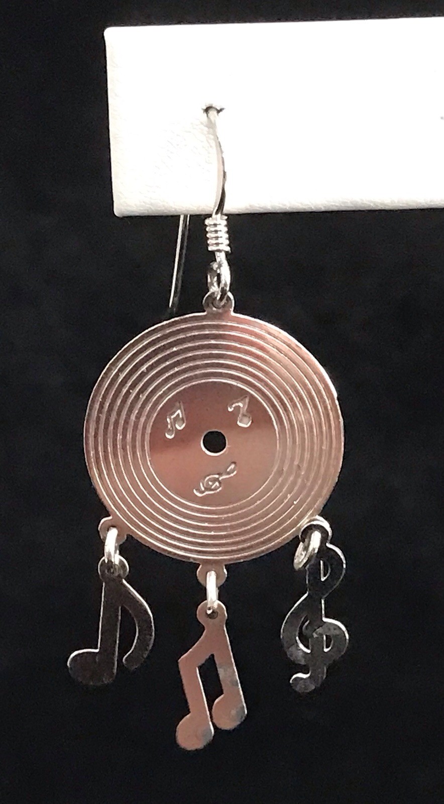 925 Sterling Silver Vinyl Record Earrings Music Notes Dangle Vintage Rock & Roll