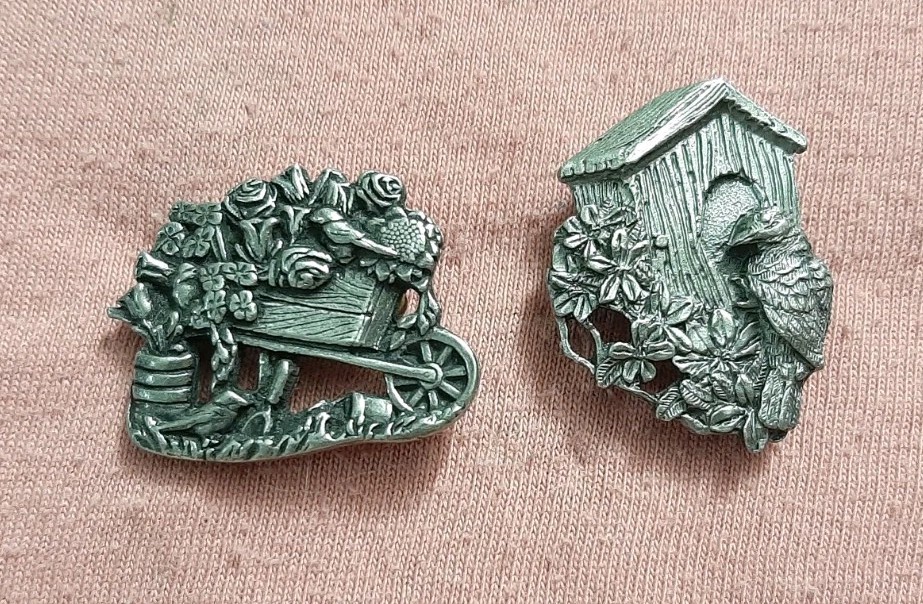 LOT of 2 Birds & Blooms Pewter Pin Bird Birdhouse 1997, Wheelbarrow Flowers 2001