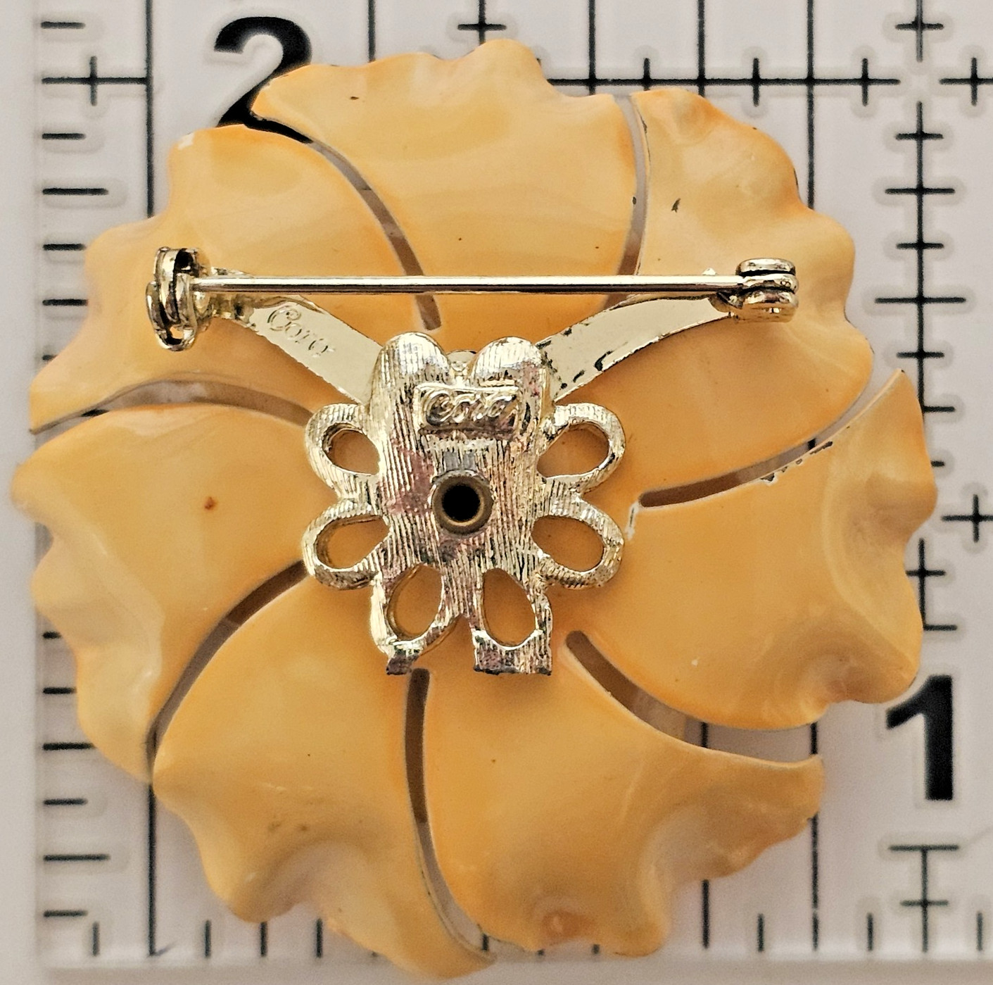 VTG Coro Yellow Poppy Flower Brooch 22 AB Rhinestones Glazed Enamel 2″ Retro MCM