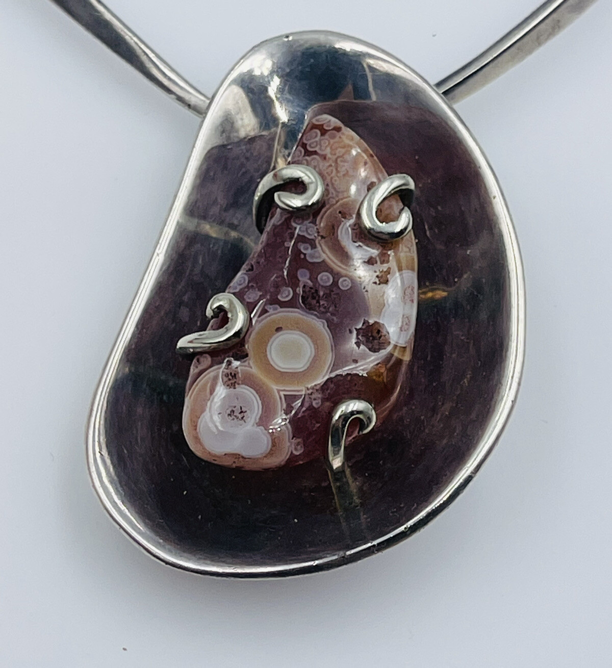 Los Castillo Vintage Mexican Sterling Silver Agate Neck Ring Modernist Necklace