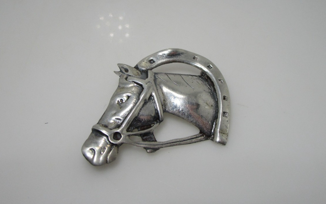 Vintage Equestrian Horse Head Winner Horseshoe Walter Lampl Sterling Pin 2″