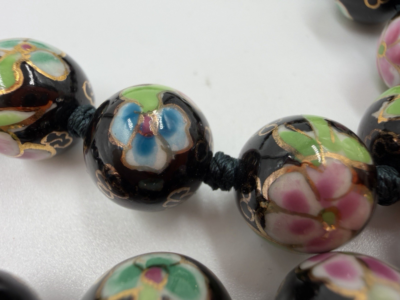 Vintage Necklace Chinese Export Black Round Floral Hand Knot 26 in 11mm