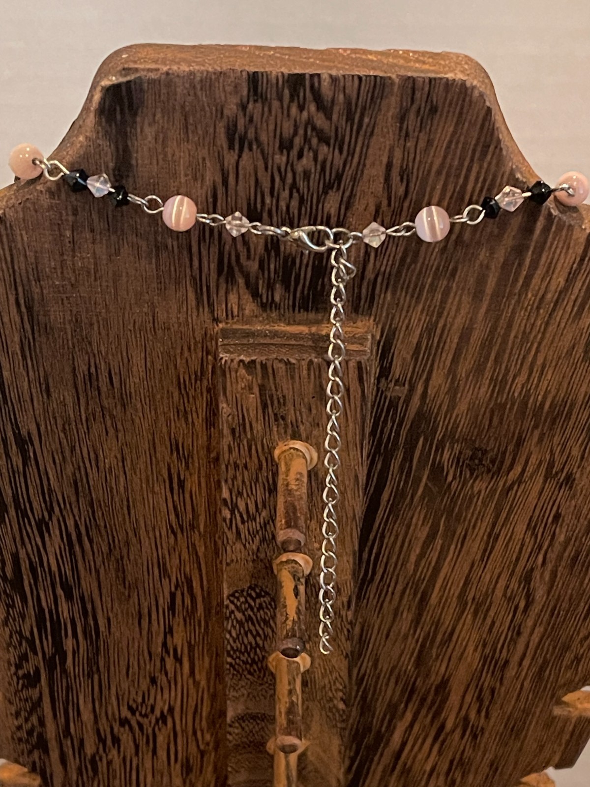 Vtg Choker Necklace With CARVED ROSE QUARTZ Pendant Faceted Black and AB Beads