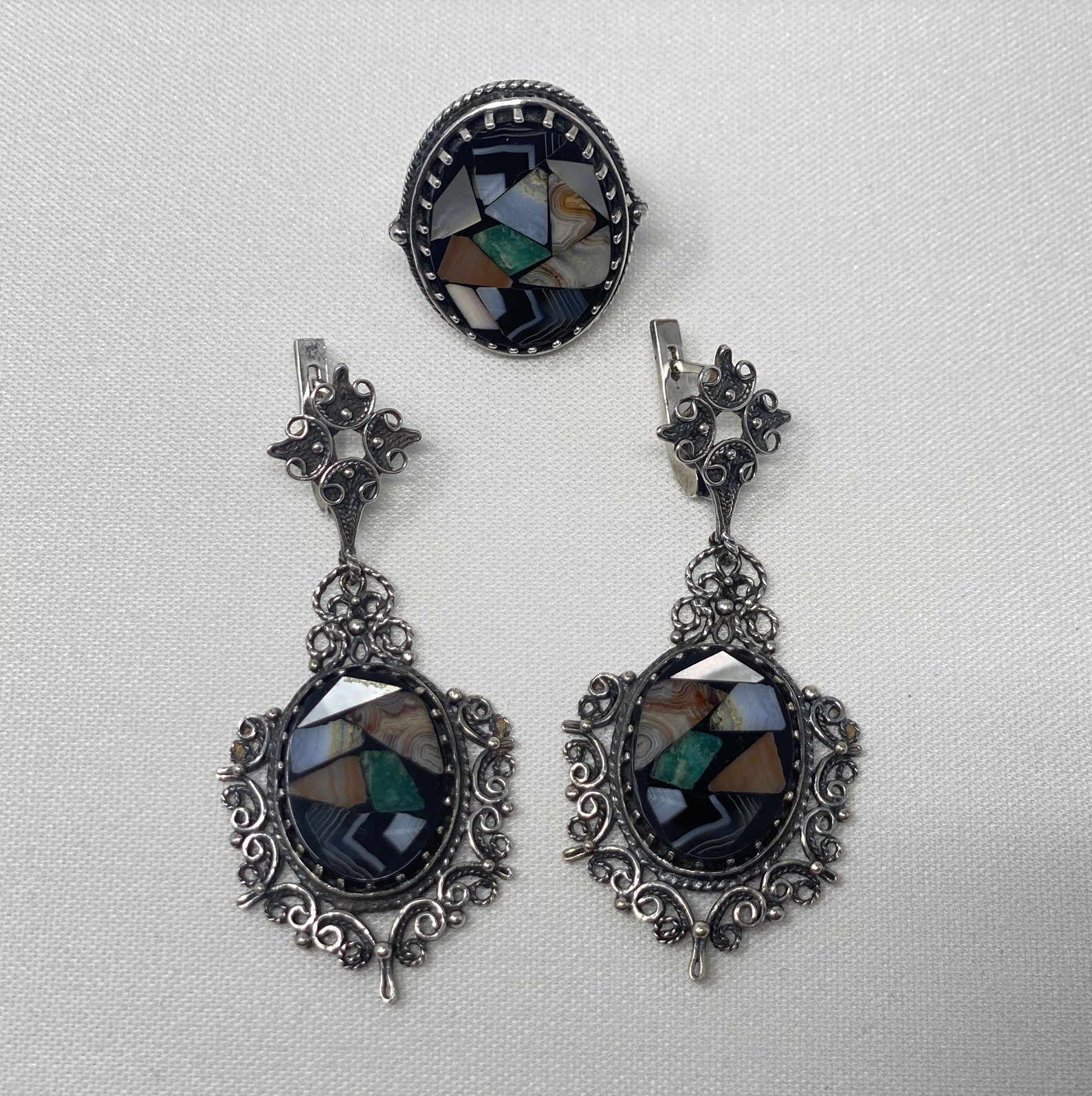 Vintage USSR 925 Sterling Silver Jewelry Set Ring & Earrings Mosaic Stone Video