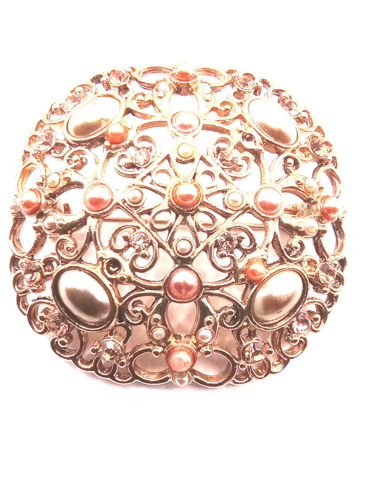 Vintage Filigree Brooch Champagne Colored White Faux Pearls Gold Tone 2 in D