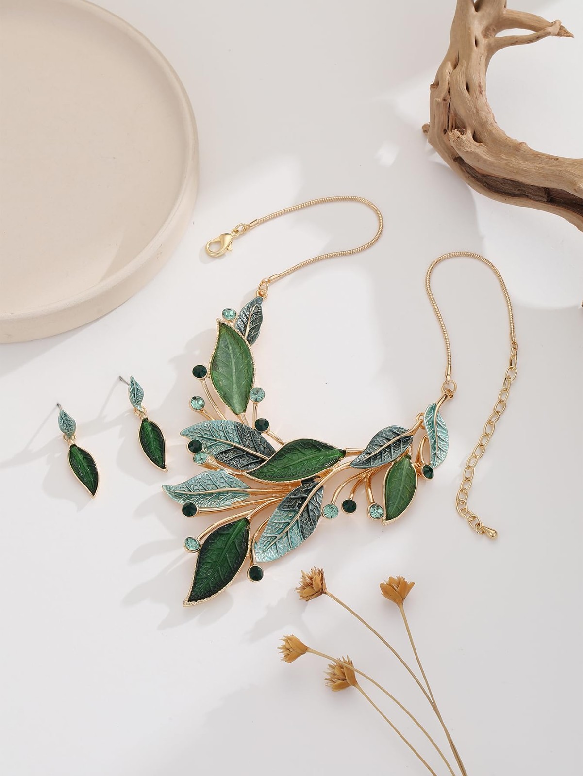 Vintage Chunky Statement Jewelry Set – Bohemian Leaf Floral Bib Necklace & Earri