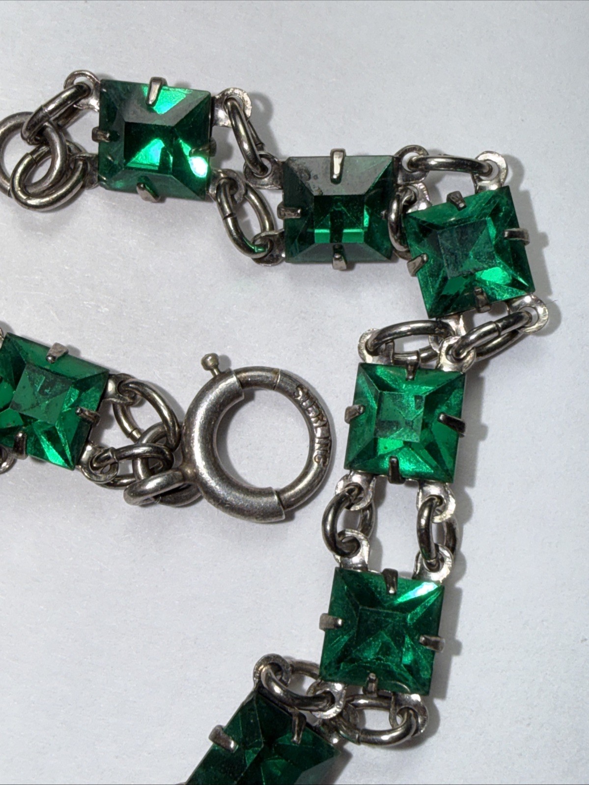 Bracelet Art Deco Paste Gwen Emerald Glass Sterling Silver Square Stone Antique