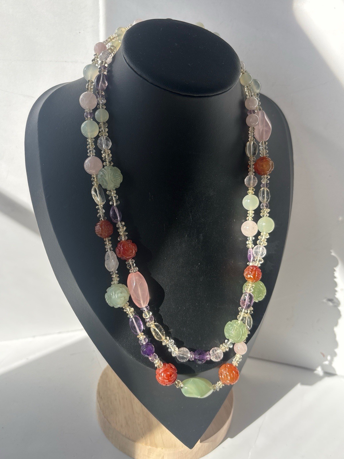 Multi-Gemstone 2-Strand Necklace Carved Jade Amethyst Sterling Silver STG 85g