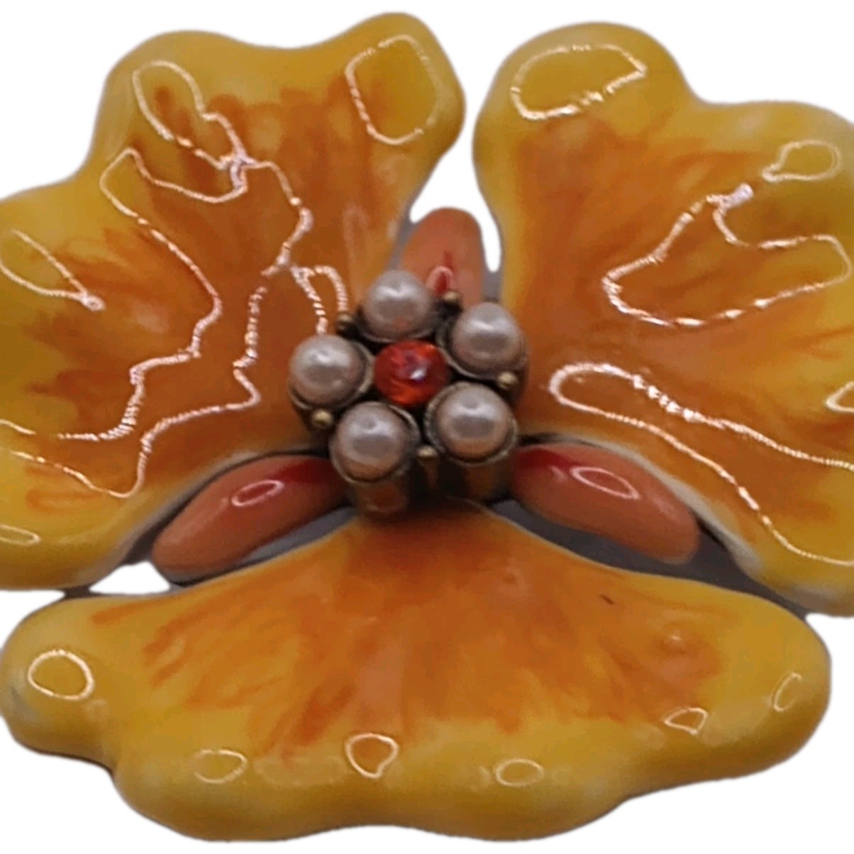 Vintage Enamel Floral Brooch Yellow Orange Faux Pearl Rhinestone Pin 2 in D