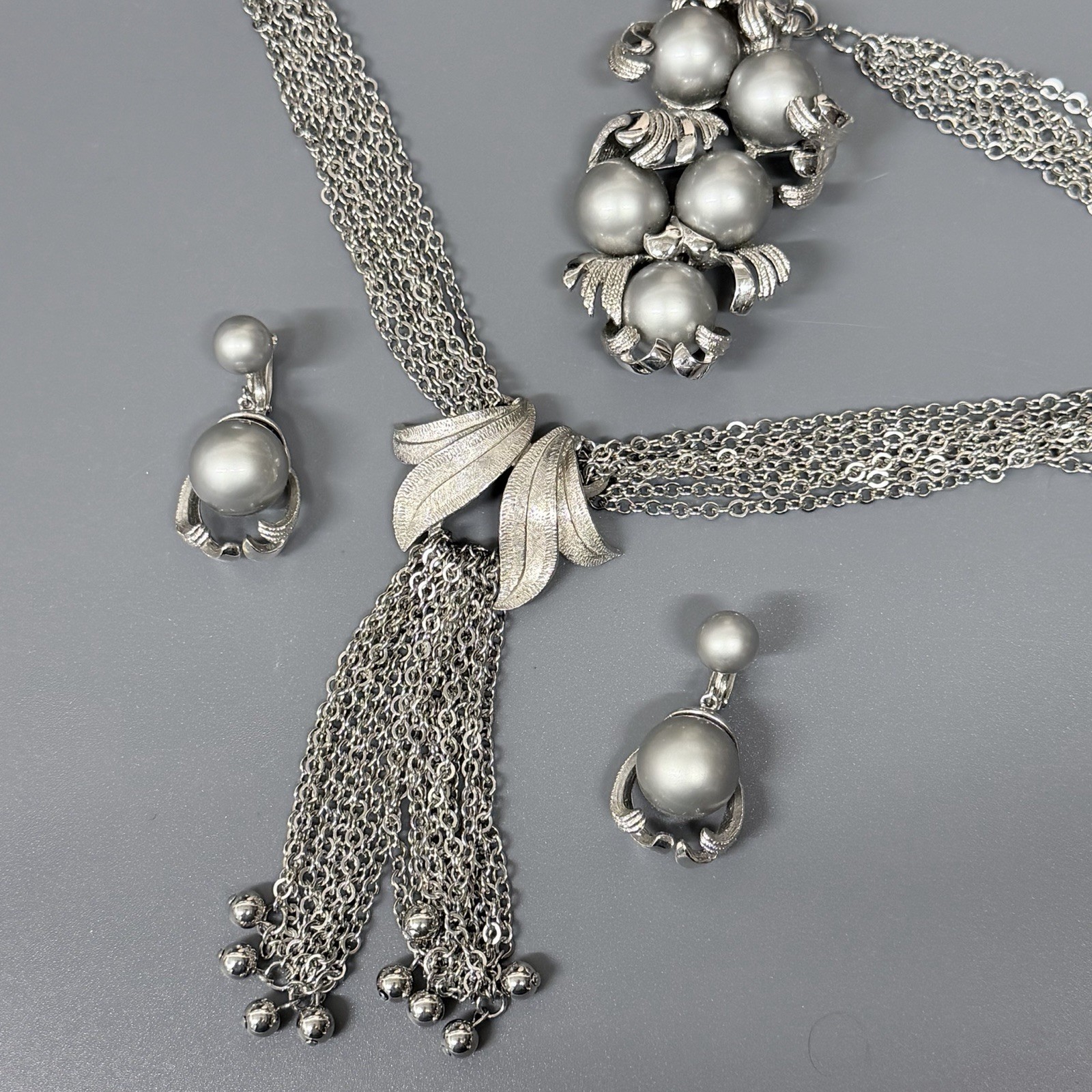Vintage Tassel Necklace Multi Chain Gray Faux Pearl Clip Earrings Brooch Set