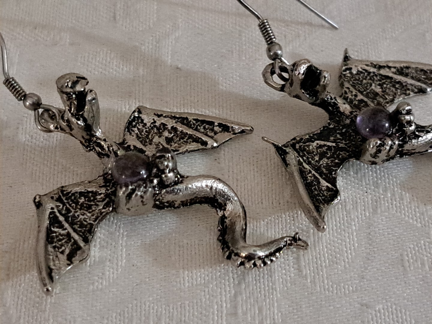 Vintage Fine Metal Dragon Serpent Pierced Earrings Purple Crystal Ball 2.25×1.5
