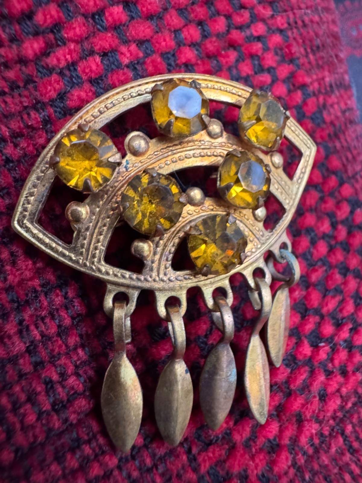 Vintage Soviet USSR Gold Plated Brooch Amber Glass Evil Eye Dangle