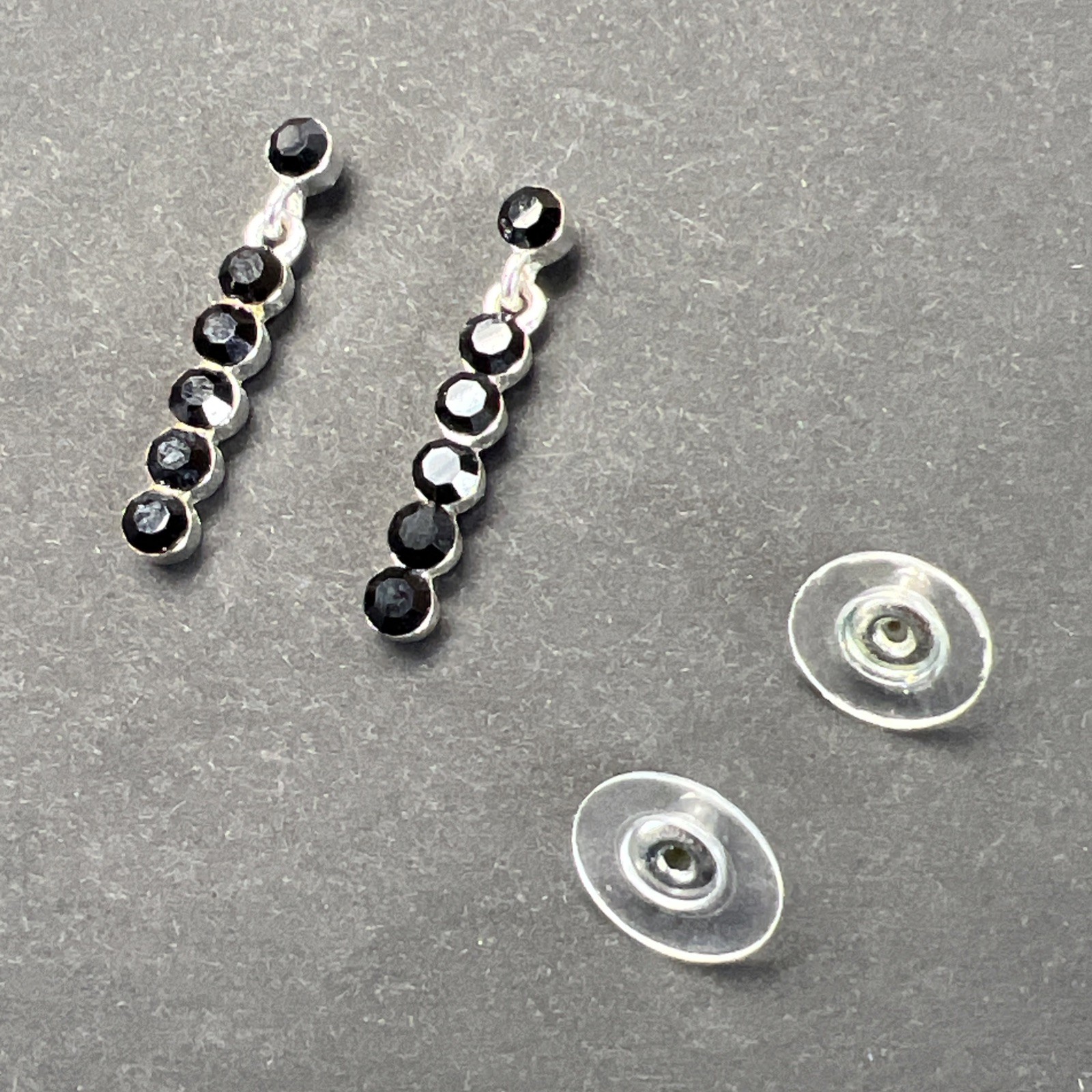 Black Rhinestone Dangle Drop Earrings Silver Tone with Backers