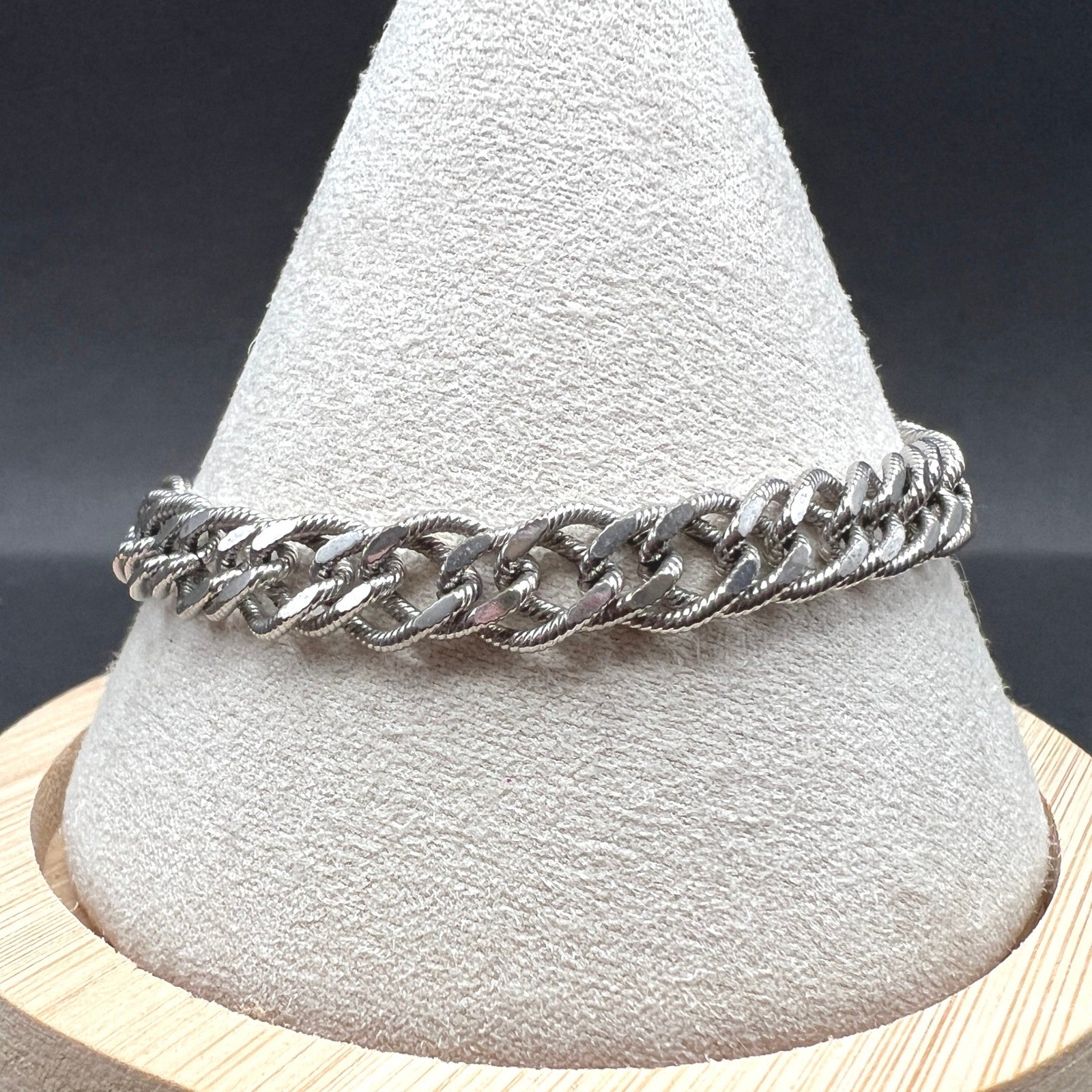 Vintage Monet Double Curb Link Bracelet Silver Tone Textured Safety Chain Signed