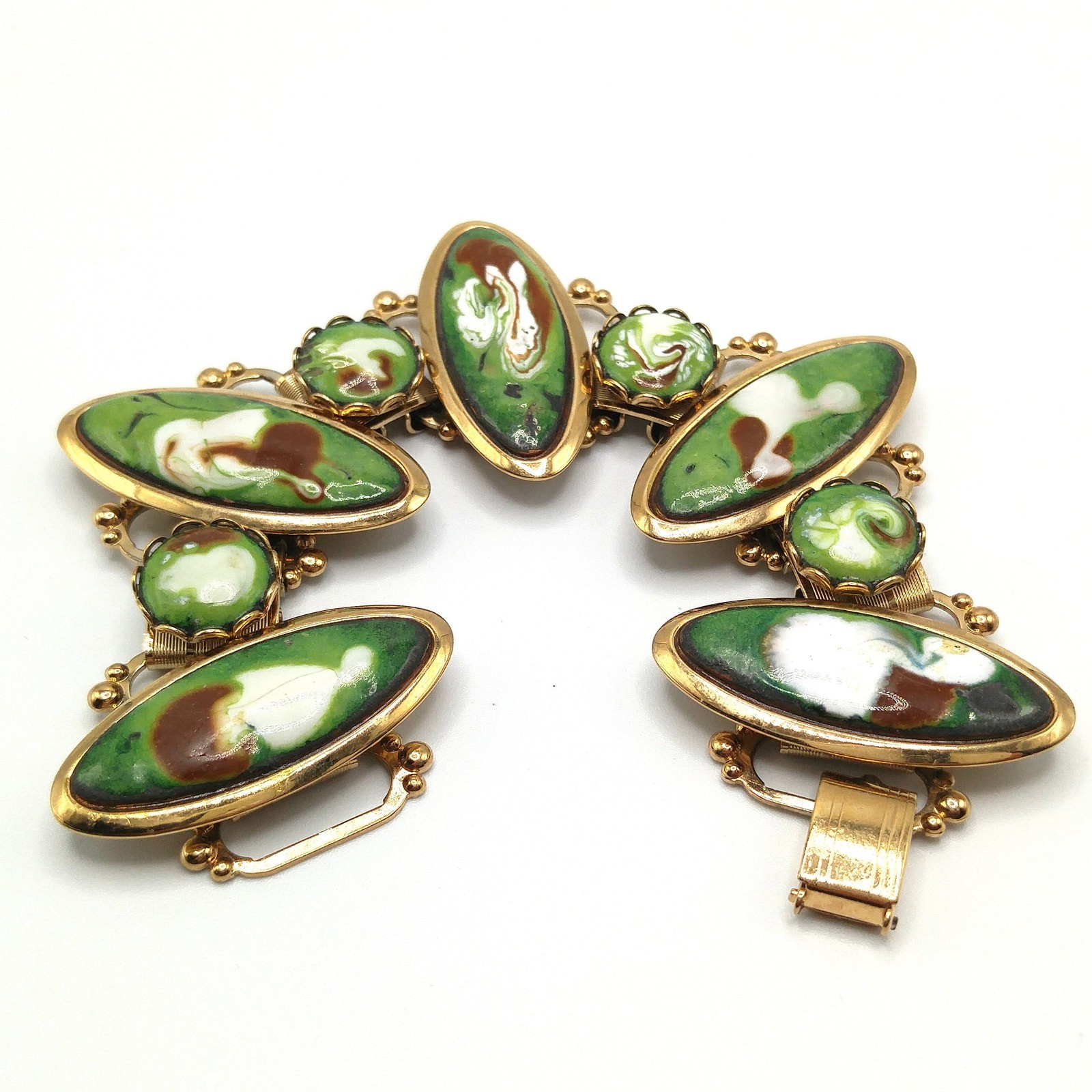 Mid-Century Enamel Book Chain Bracelet, Green Brown White Gold, 1950s Vintage