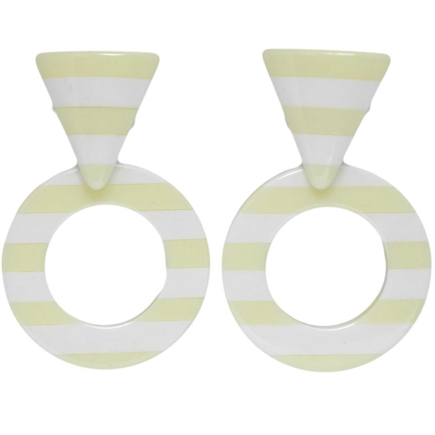 1980s Vintage Earrings Laminated Lucite Lemonade Yellow White Stripe New Wave