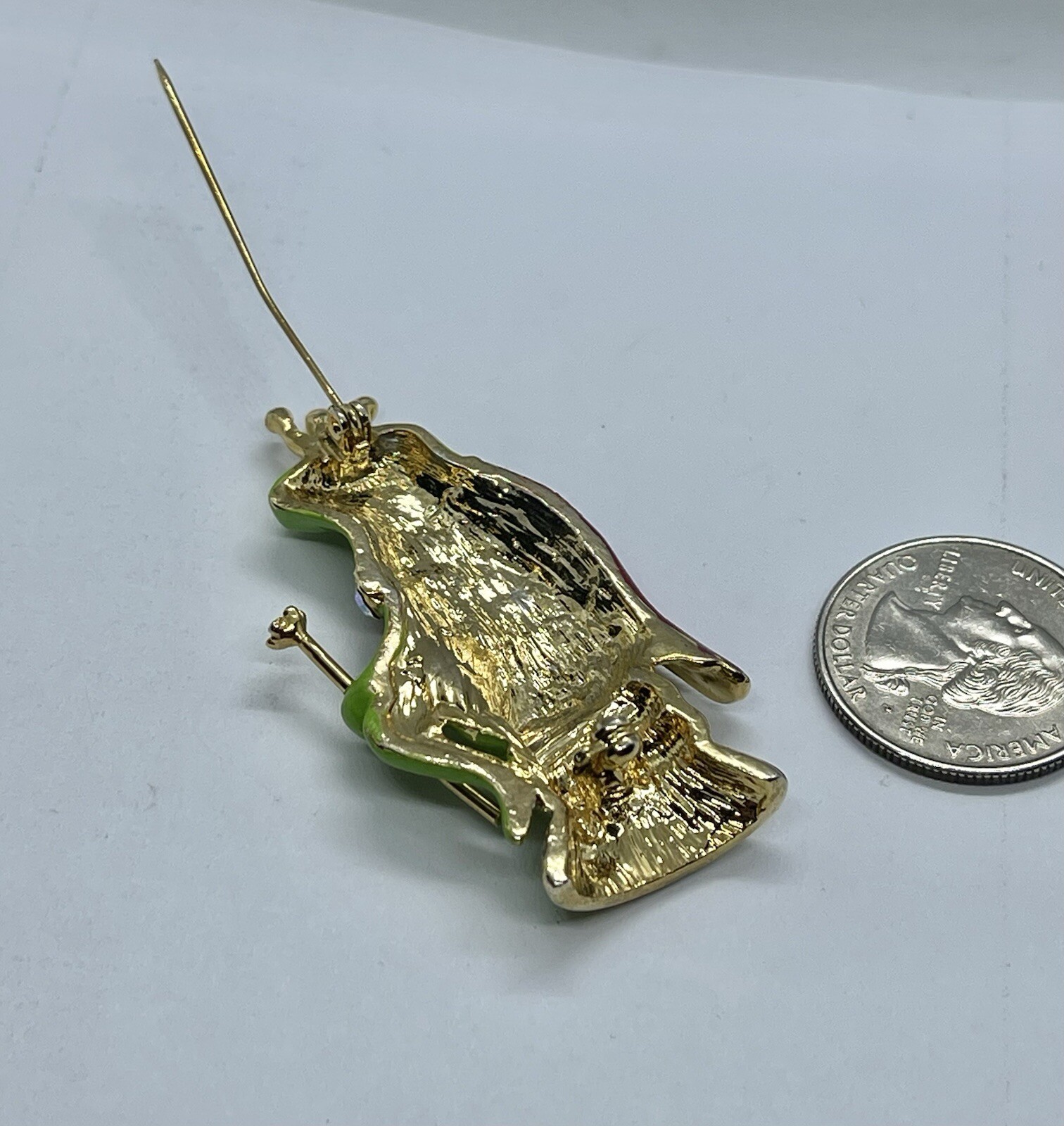 Vintage Whimsical Enamel Frog Prince Blue Eyes & Rhinestone Cape Brooch