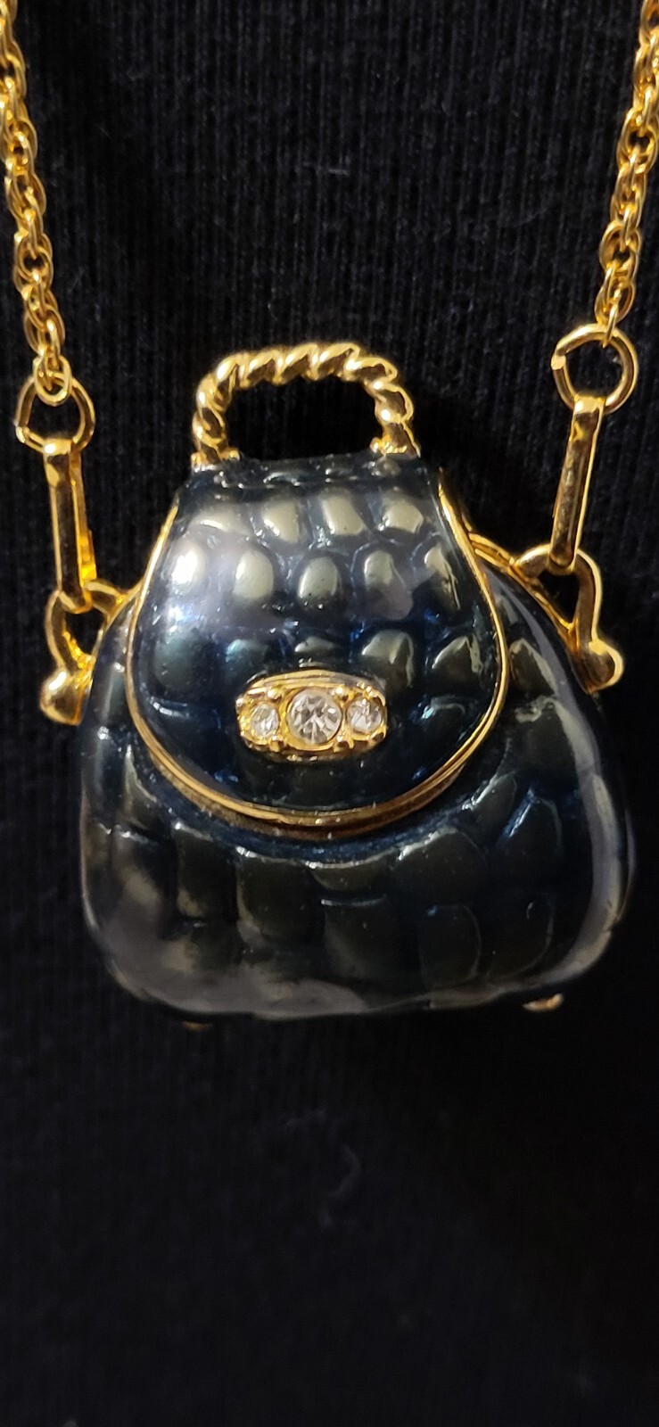 Vintage Enamel Purse Necklace stamped 1990 Goldtone & Blue