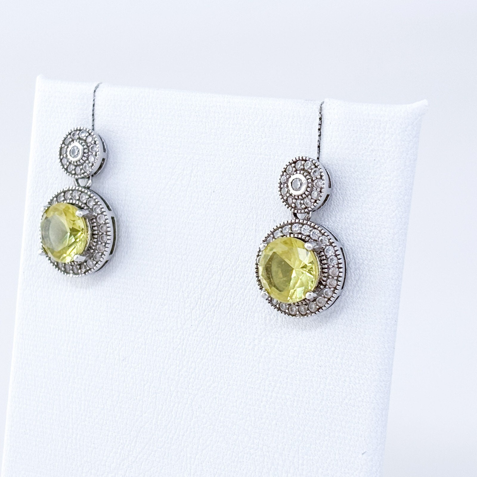 Estate Sterling Silver Citrine Cubic Zirconia Diamond Accent Dangle Earrings