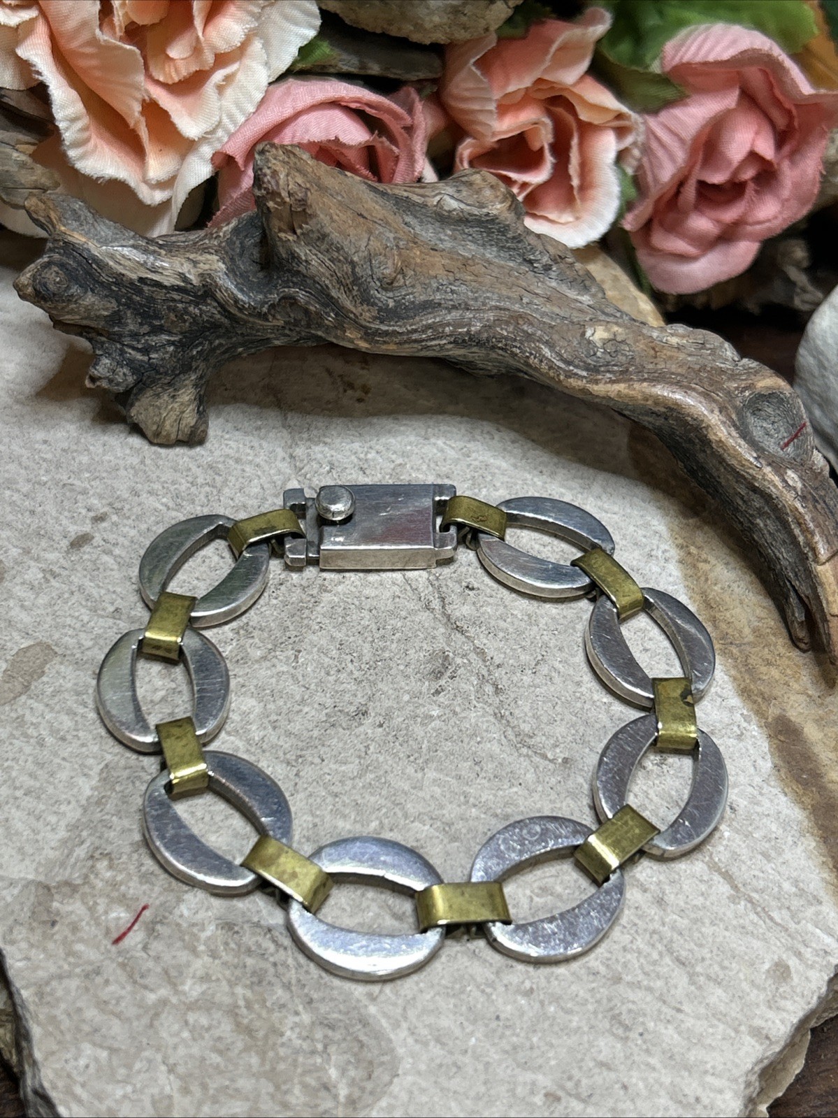 56. Taxco Sterling 925 Brass Accent Oval O Ring link Bracelet 34.3g, 7 1/2″ Mex