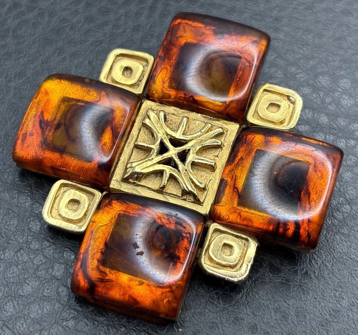 Vintage HUGE 80s Gold Tone Faux Amber Maltese Cross Brooch Pin Statement Piece