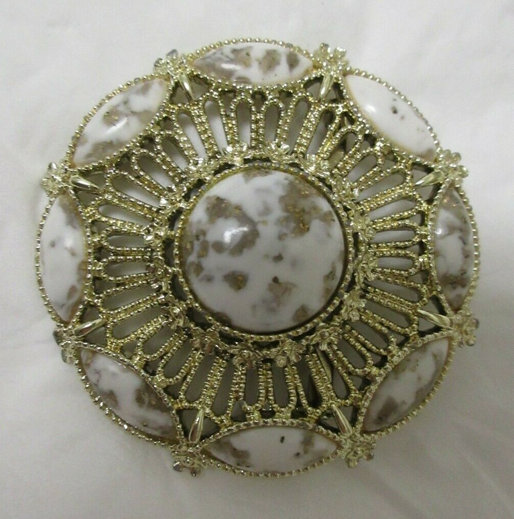 Vintage Gold Tone White & Brown with Gold Tone Flecks Thermoset Brooch